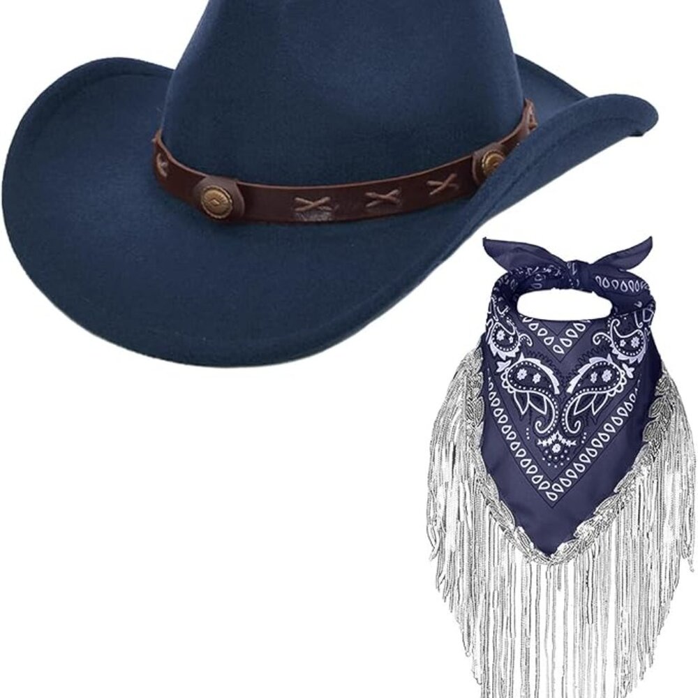 Cowgir Hat with Fringed Bandana Set for Women Wide Brim Western Cowgirl Hat Pais